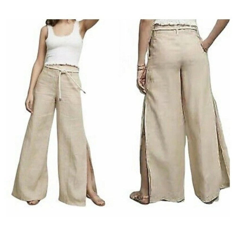 Elevenses Anthropologie High Waist Linen Split Open Ultra Wide Leg Trouser Pant